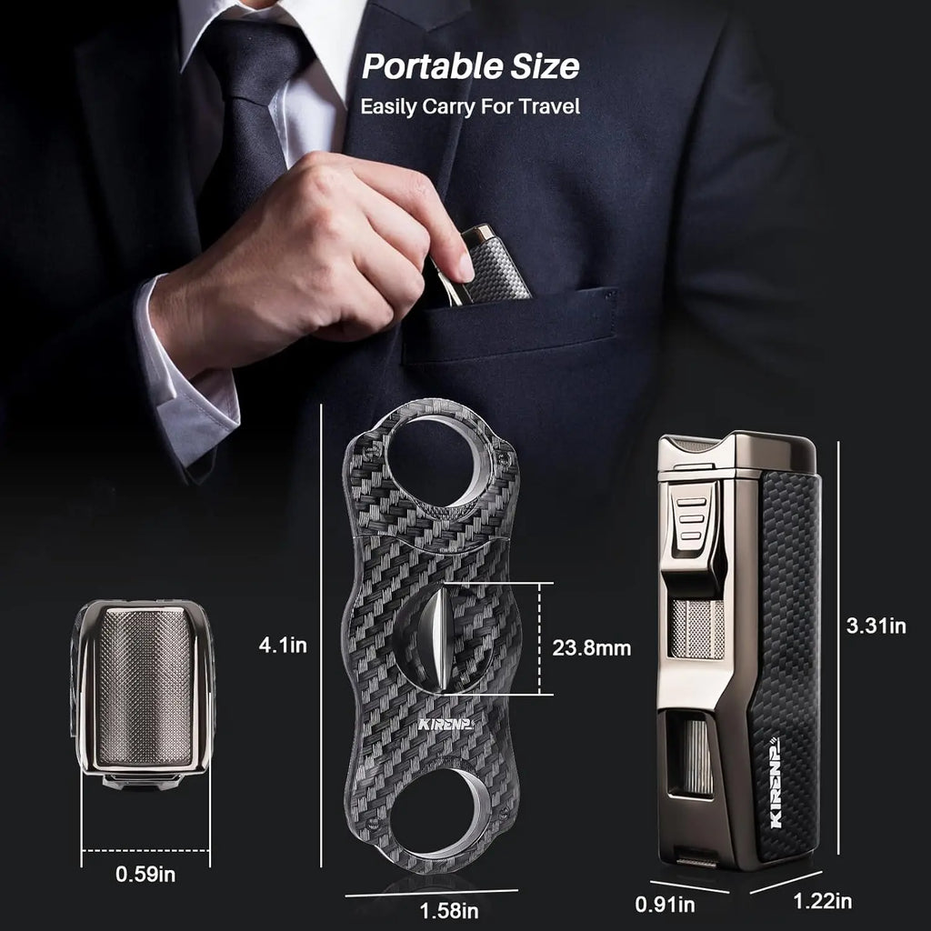 4-in-1 Refillable Torch Lighter with Cigar Cutter, Punch, Holder & Windproof Jet Flame - Gift Box Included
