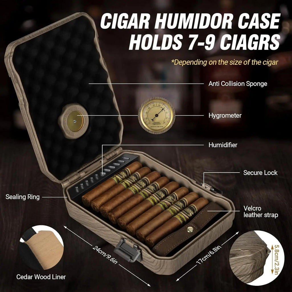 Portable Cigar Humidor Case with Cedar Lining, V-Cutter, Humidifier & Hygrometer - Holds 7-9 Cigars, Includes Lighter Gift Set