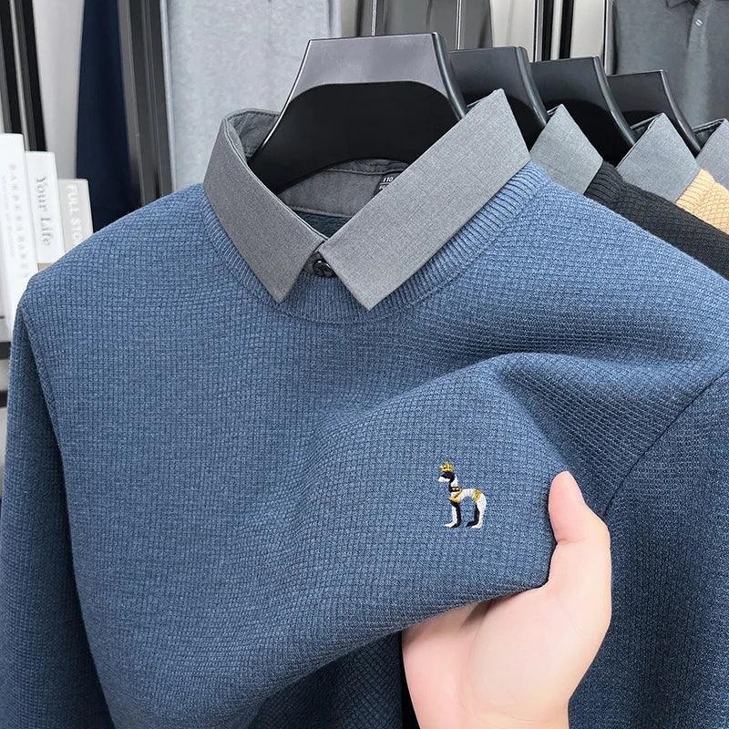 Brand High-End Men's Lapel Fake Two-Piece pullover Sweater Winter New Dog Embroid Thickening Warmth Knitwear Business Men'swear