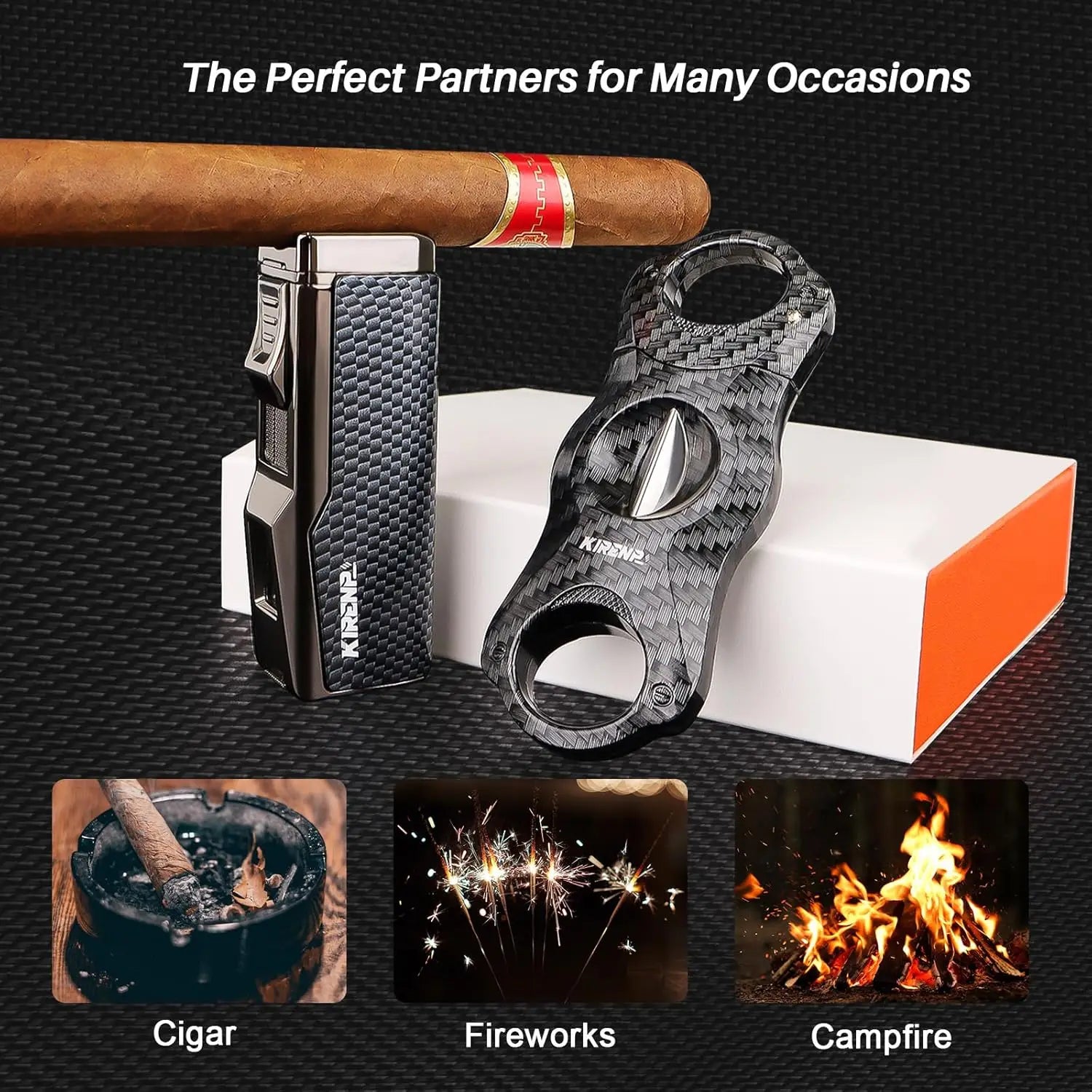 4-in-1 Refillable Torch Lighter with Cigar Cutter, Punch, Holder & Windproof Jet Flame - Gift Box Included