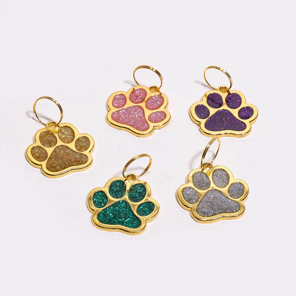 Gold Colour Custom Name Dog Tags Glitter Claw Customized Text Cat Tag Laser Engraving Collar Pendant Personalized Name Pets Tag
