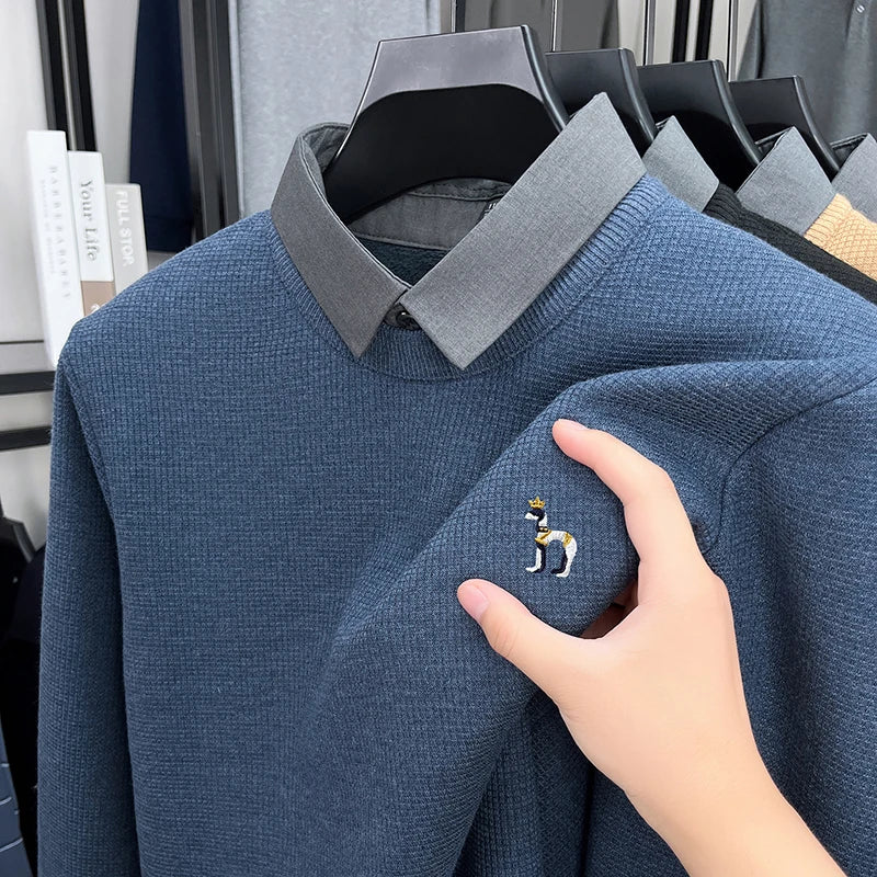Brand High-End Men's Lapel Fake Two-Piece pullover Sweater Winter New Dog Embroid Thickening Warmth Knitwear Business Men'swear