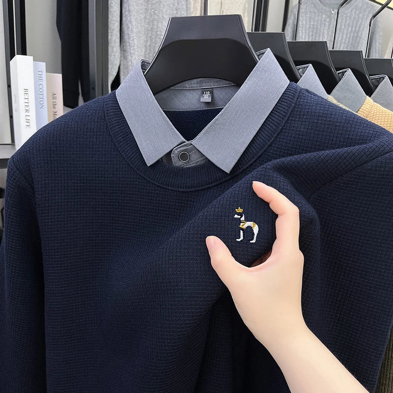 Brand High-End Men's Lapel Fake Two-Piece pullover Sweater Winter New Dog Embroid Thickening Warmth Knitwear Business Men'swear