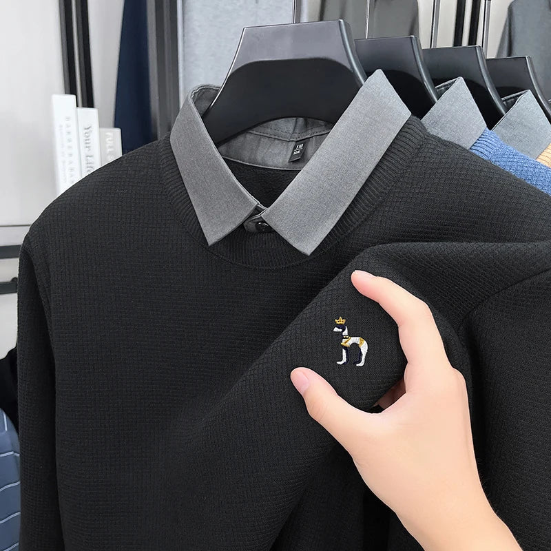 Brand High-End Men's Lapel Fake Two-Piece pullover Sweater Winter New Dog Embroid Thickening Warmth Knitwear Business Men'swear