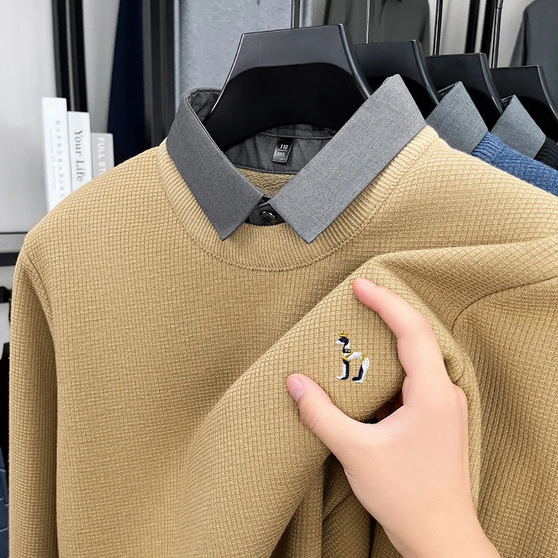 Brand High-End Men's Lapel Fake Two-Piece pullover Sweater Winter New Dog Embroid Thickening Warmth Knitwear Business Men'swear