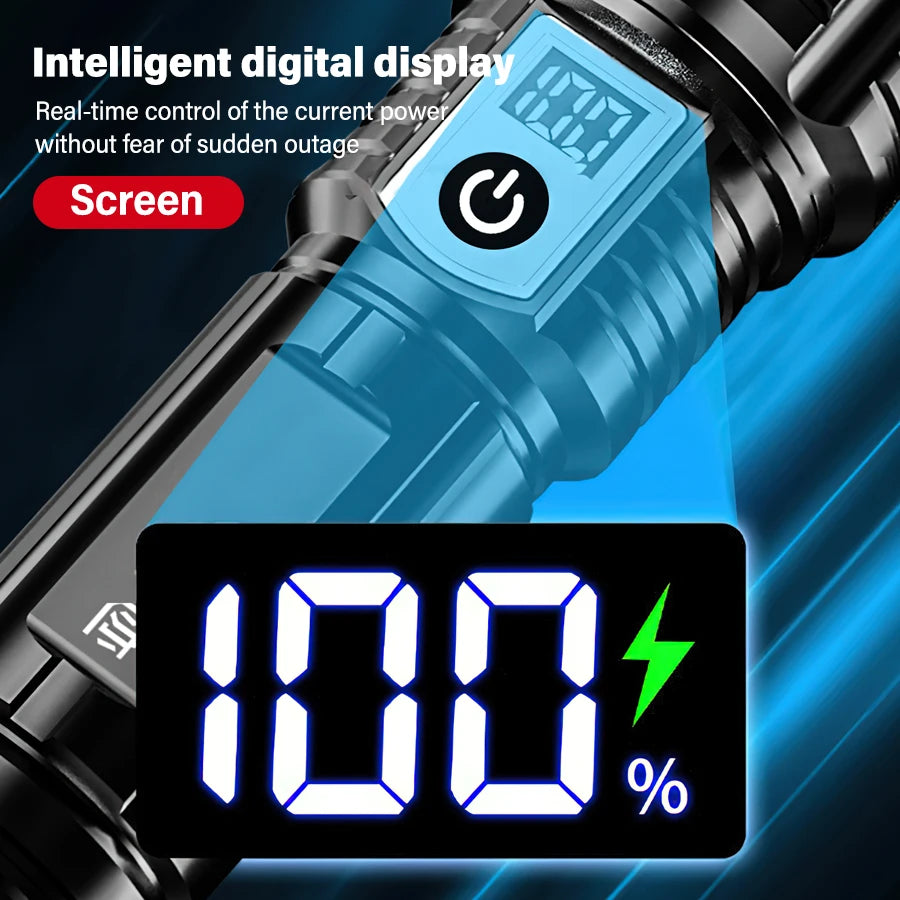 High Power 200000LM LED Flashlight Built-in Battery Type-C Rechargeable Strong Light Torch Outdoor Camping Hiking Emergency Lamp
