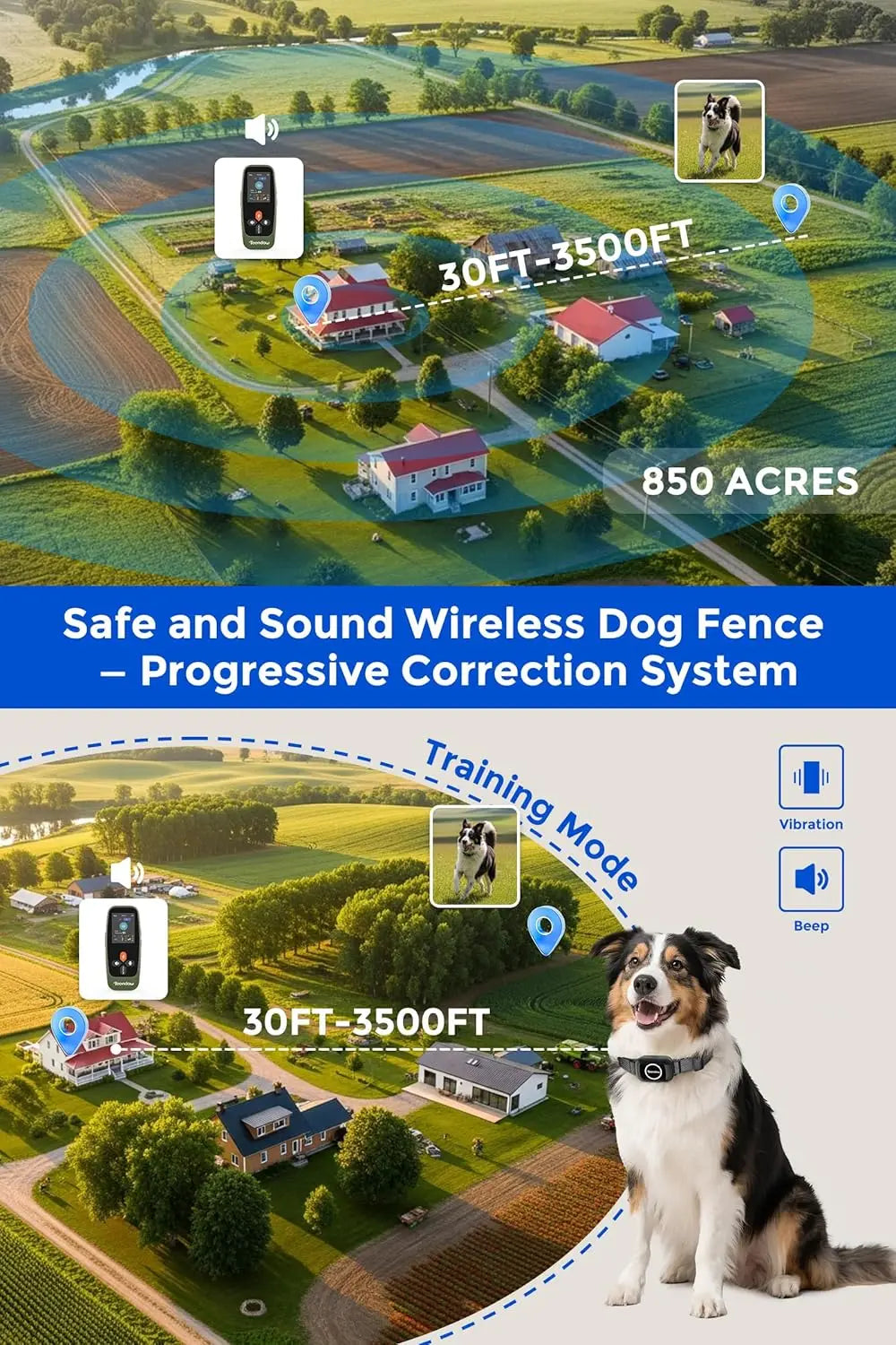 Wireless Fence Dogs Collar Remote Control Rechargeable Waterproof Perimeter Training Bark Control Hd Display Two Dogs