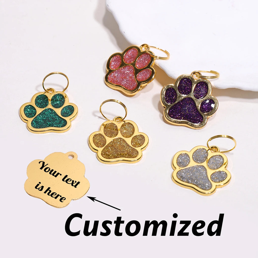 Gold Colour Custom Name Dog Tags Glitter Claw Customized Text Cat Tag Laser Engraving Collar Pendant Personalized Name Pets Tag