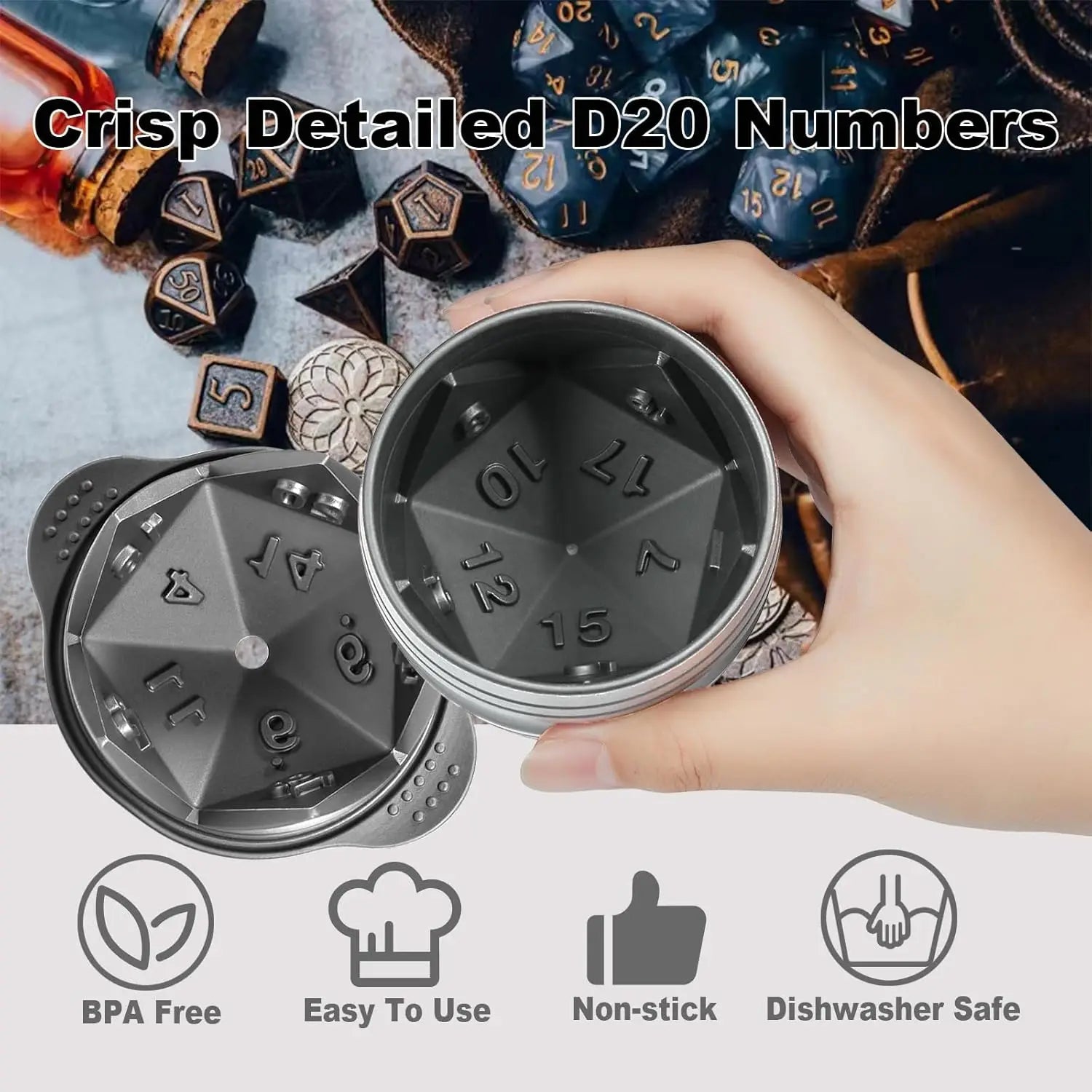 D20 Dice Ice Mold for DND Gamer Gifts, Cool Christmas Stocking Stuffers, Large Silicone Ice Cube Tray for Cocktails and Whiskey