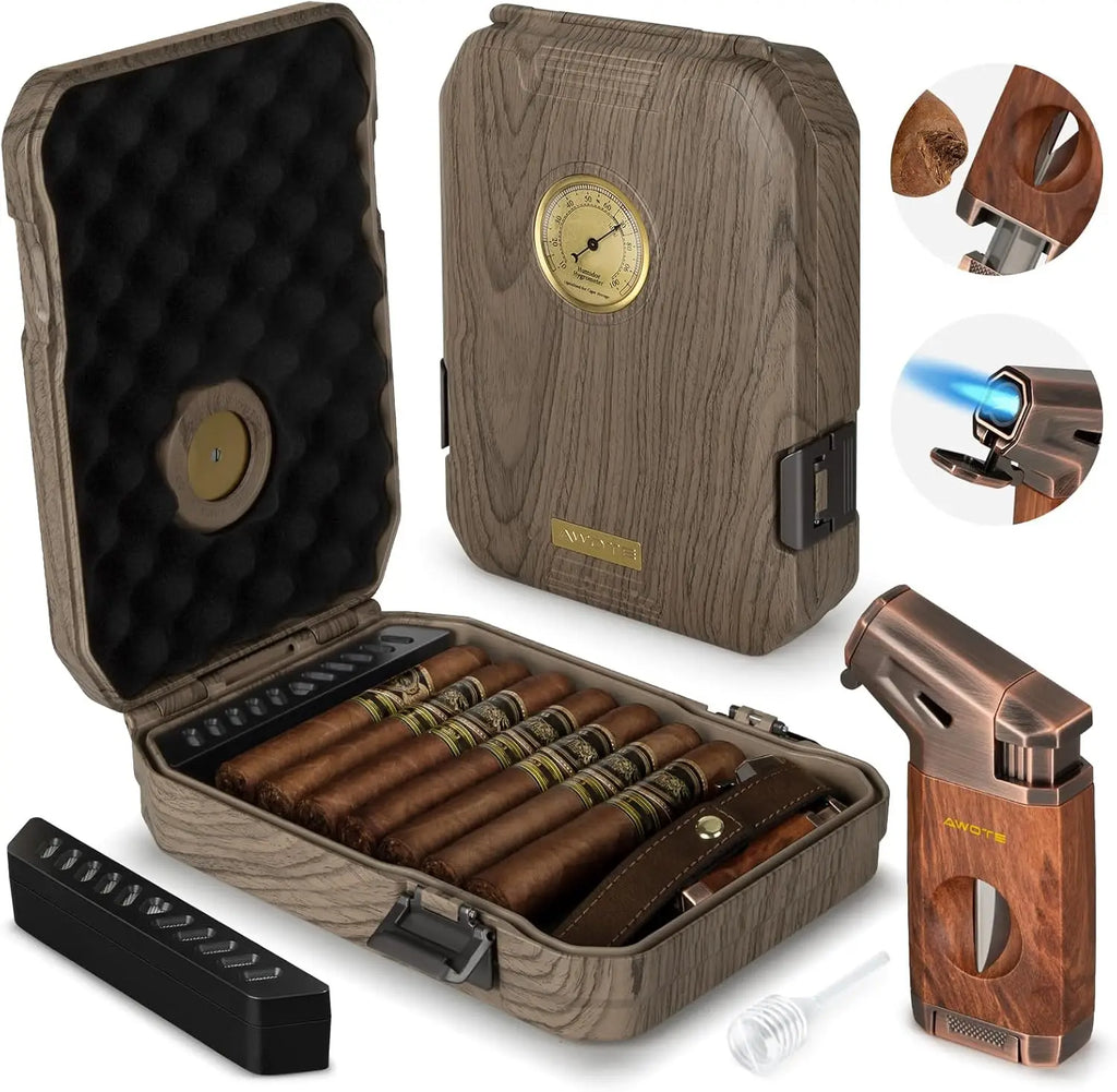 Portable Cigar Humidor Case with Cedar Lining, V-Cutter, Humidifier & Hygrometer - Holds 7-9 Cigars, Includes Lighter Gift Set