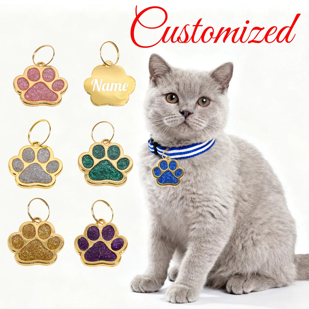 Gold Colour Custom Name Dog Tags Glitter Claw Customized Text Cat Tag Laser Engraving Collar Pendant Personalized Name Pets Tag