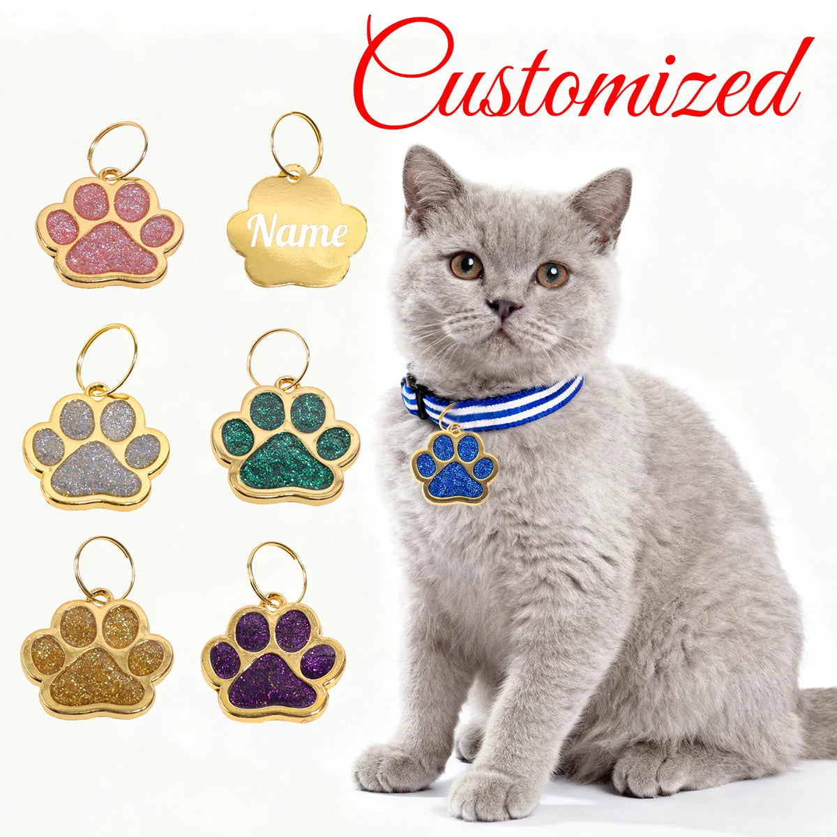 Gold Colour Custom Name Dog Tags Glitter Claw Customized Text Cat Tag Laser Engraving Collar Pendant Personalized Name Pets Tag