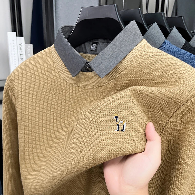 Brand High-End Men's Lapel Fake Two-Piece pullover Sweater Winter New Dog Embroid Thickening Warmth Knitwear Business Men'swear
