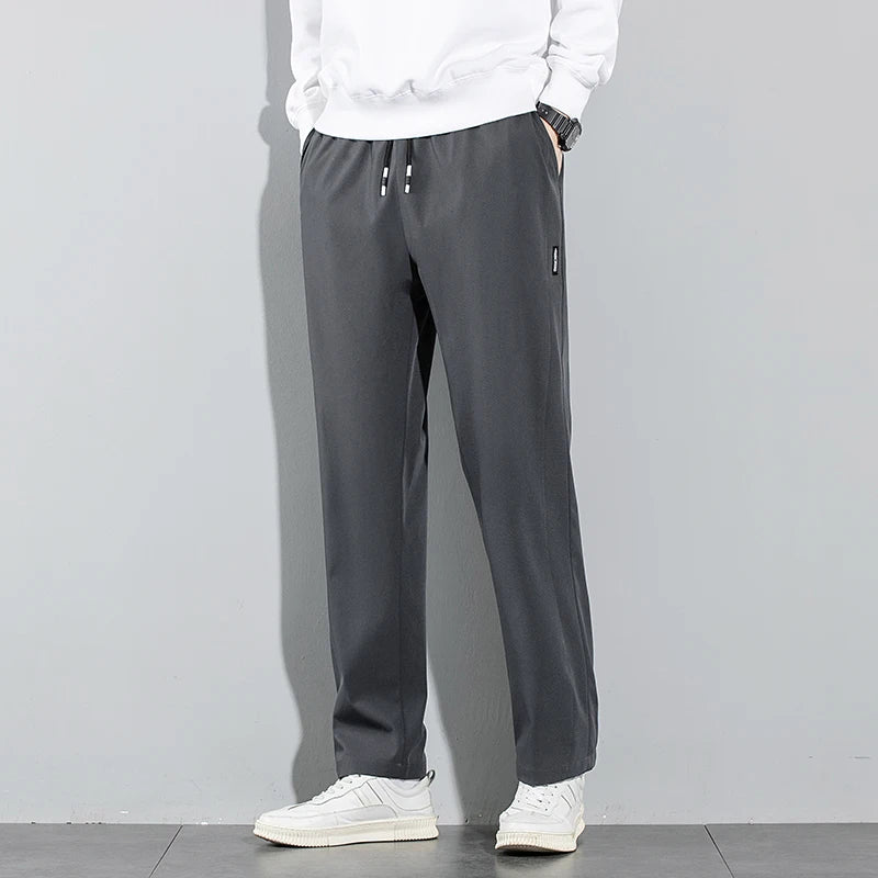 Ice Silk Men's Pants 2025 Summer New Black Gray Thin Business Casual Pants Outdoor Elastic Breathable Straight Leg Sweatpants
