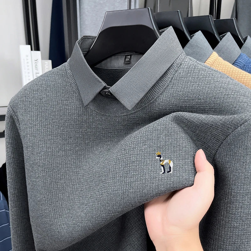 Brand High-End Men's Lapel Fake Two-Piece pullover Sweater Winter New Dog Embroid Thickening Warmth Knitwear Business Men'swear