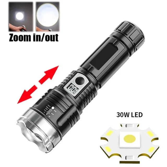 High Power 200000LM LED Flashlight Built-in Battery Type-C Rechargeable Strong Light Torch Outdoor Camping Hiking Emergency Lamp