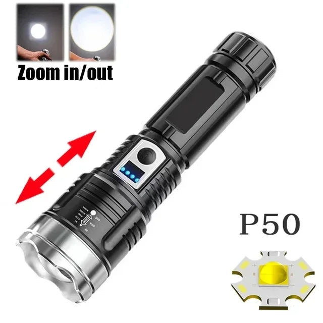 High Power 200000LM LED Flashlight Built-in Battery Type-C Rechargeable Strong Light Torch Outdoor Camping Hiking Emergency Lamp