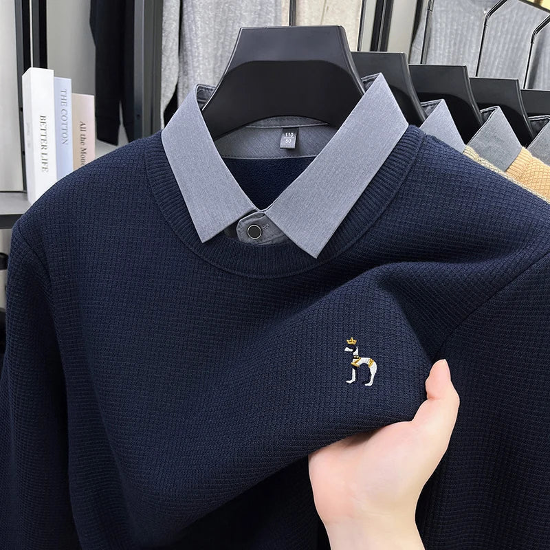 Brand High-End Men's Lapel Fake Two-Piece pullover Sweater Winter New Dog Embroid Thickening Warmth Knitwear Business Men'swear