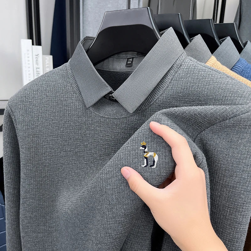 Brand High-End Men's Lapel Fake Two-Piece pullover Sweater Winter New Dog Embroid Thickening Warmth Knitwear Business Men'swear