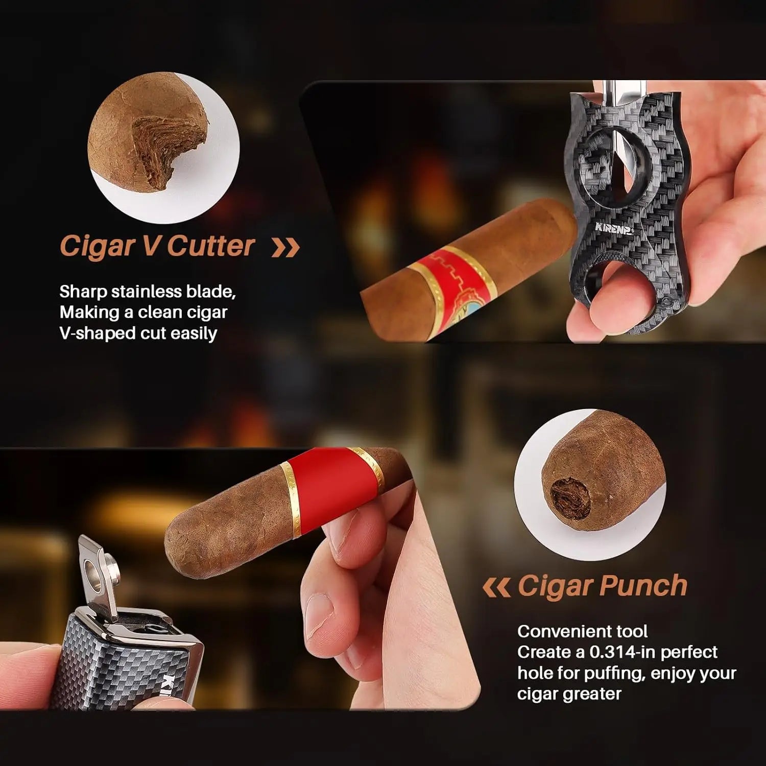 4-in-1 Refillable Torch Lighter with Cigar Cutter, Punch, Holder & Windproof Jet Flame - Gift Box Included