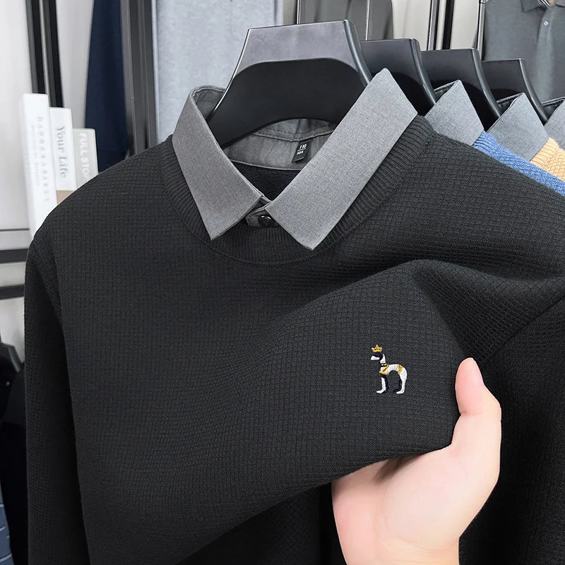 Brand High-End Men's Lapel Fake Two-Piece pullover Sweater Winter New Dog Embroid Thickening Warmth Knitwear Business Men'swear