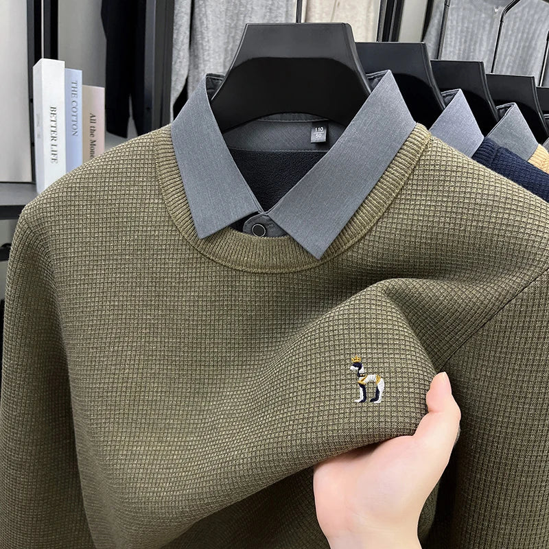 Brand High-End Men's Lapel Fake Two-Piece pullover Sweater Winter New Dog Embroid Thickening Warmth Knitwear Business Men'swear