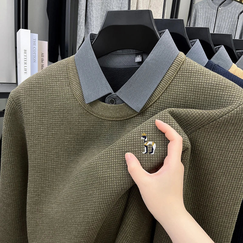 Brand High-End Men's Lapel Fake Two-Piece pullover Sweater Winter New Dog Embroid Thickening Warmth Knitwear Business Men'swear