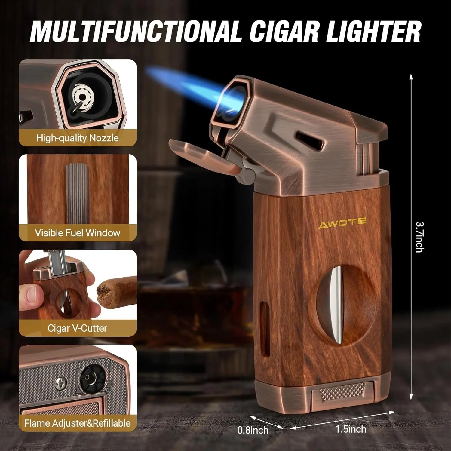 Portable Cigar Humidor Case with Cedar Lining, V-Cutter, Humidifier & Hygrometer - Holds 7-9 Cigars, Includes Lighter Gift Set