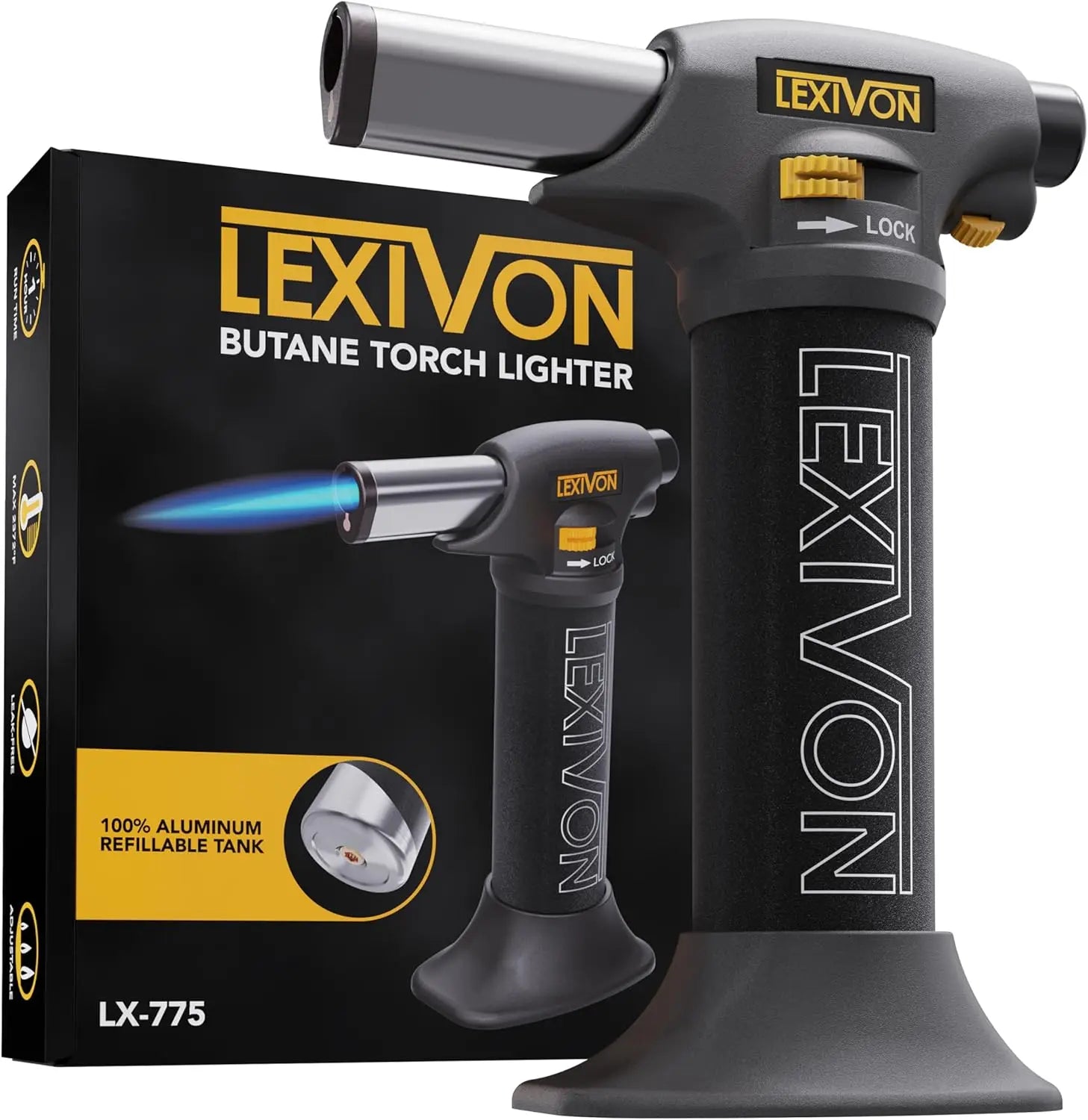 Refillable Butane Torch Lighter with Adjustable Flame, Safety Lock for Cooking and DIY Projects
