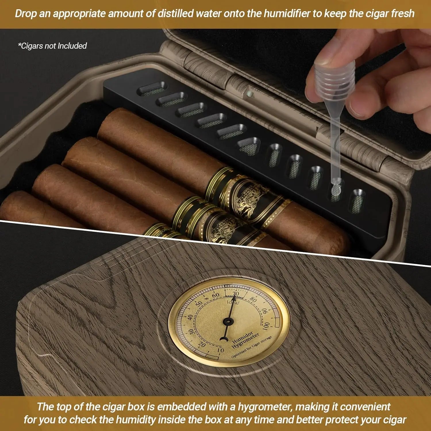 Portable Cigar Humidor Case with Cedar Lining, V-Cutter, Humidifier & Hygrometer - Holds 7-9 Cigars, Includes Lighter Gift Set