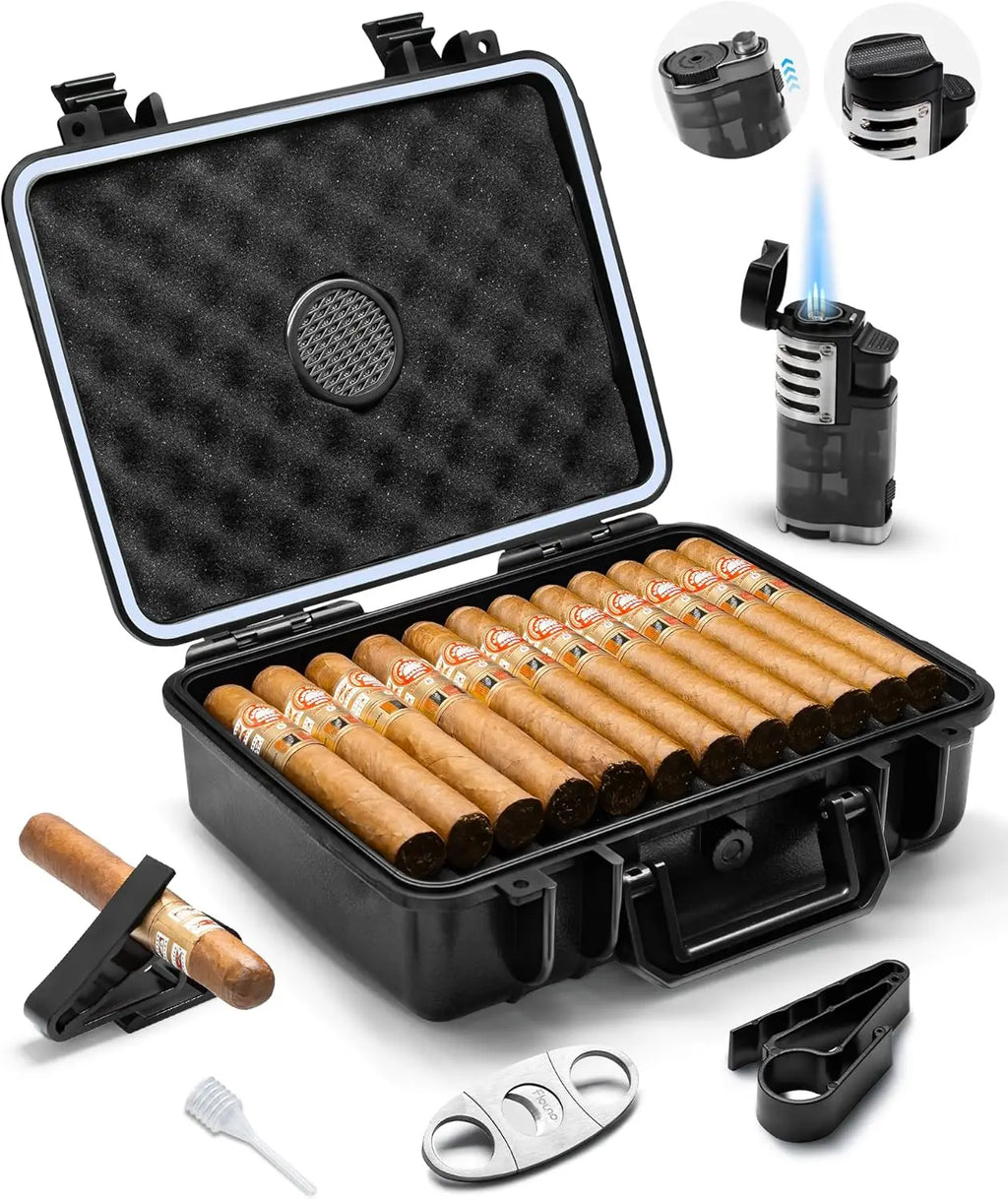 Large Portable Cigar Case with Lighter, Cutter & Humidifier - Holds 36 Cigars, Waterproof & Airtight