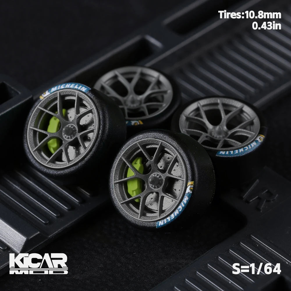 1/64 Model Car Wheels with Rubber Tires Dynamic Bearing Resin Rims 10.8mm Diameter Parts for MINIGT Diecast Model Cars