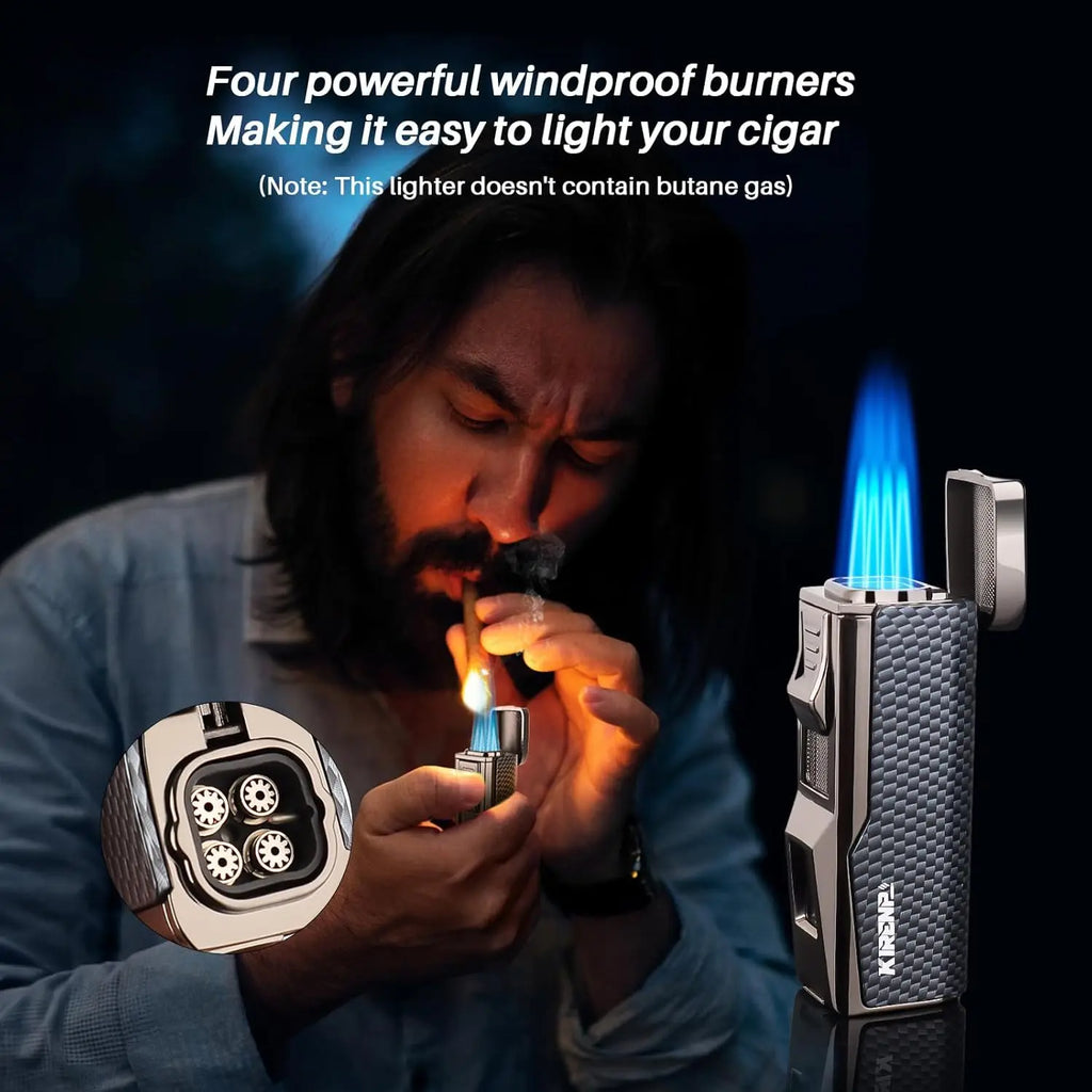 4-in-1 Refillable Torch Lighter with Cigar Cutter, Punch, Holder & Windproof Jet Flame - Gift Box Included