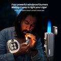 4-in-1 Refillable Torch Lighter with Cigar Cutter, Punch, Holder & Windproof Jet Flame - Gift Box Included